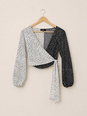 Lulu’s You Dot It Polka Dot Wrap Top Cropped Black White XS